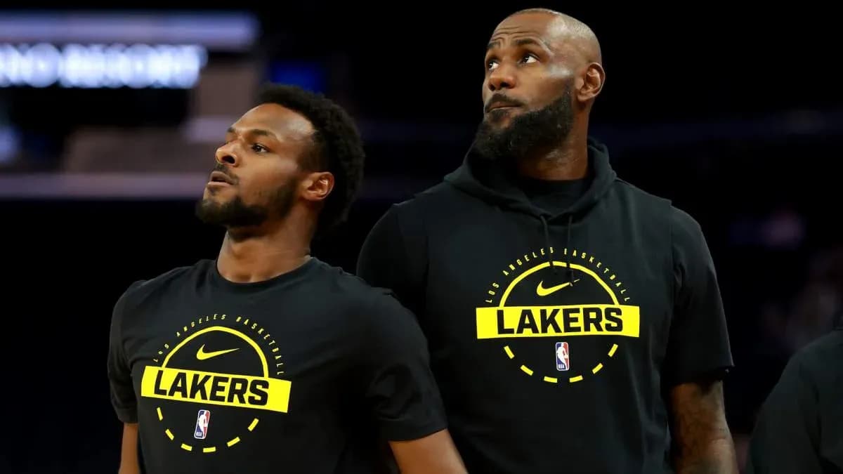 Two Lakers players during pre-game warm-up