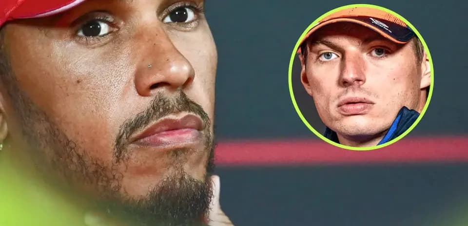 Lewis Hamilton in press conference with Verstappen inset