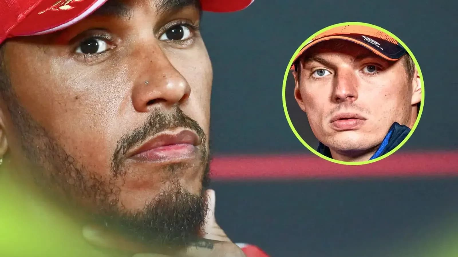 Lewis Hamilton in press conference with Verstappen inset