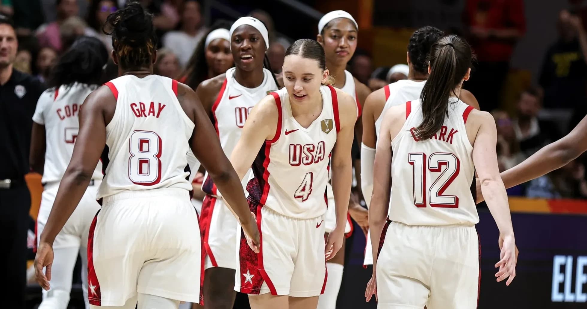 USA women's basketball team celebrating during game