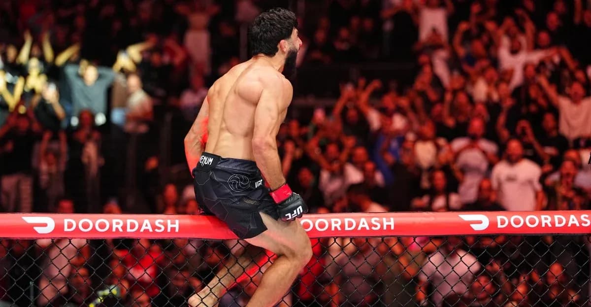 Fighter celebrating on the cage after victory