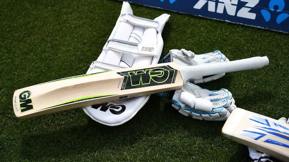 Cricket bat and gloves on grass field