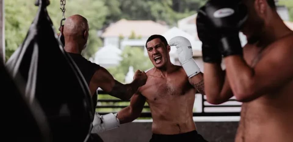 Boxers training with punching bags in gym