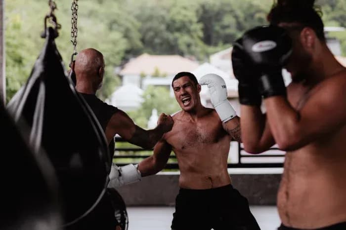 Boxers training with punching bags in gym
