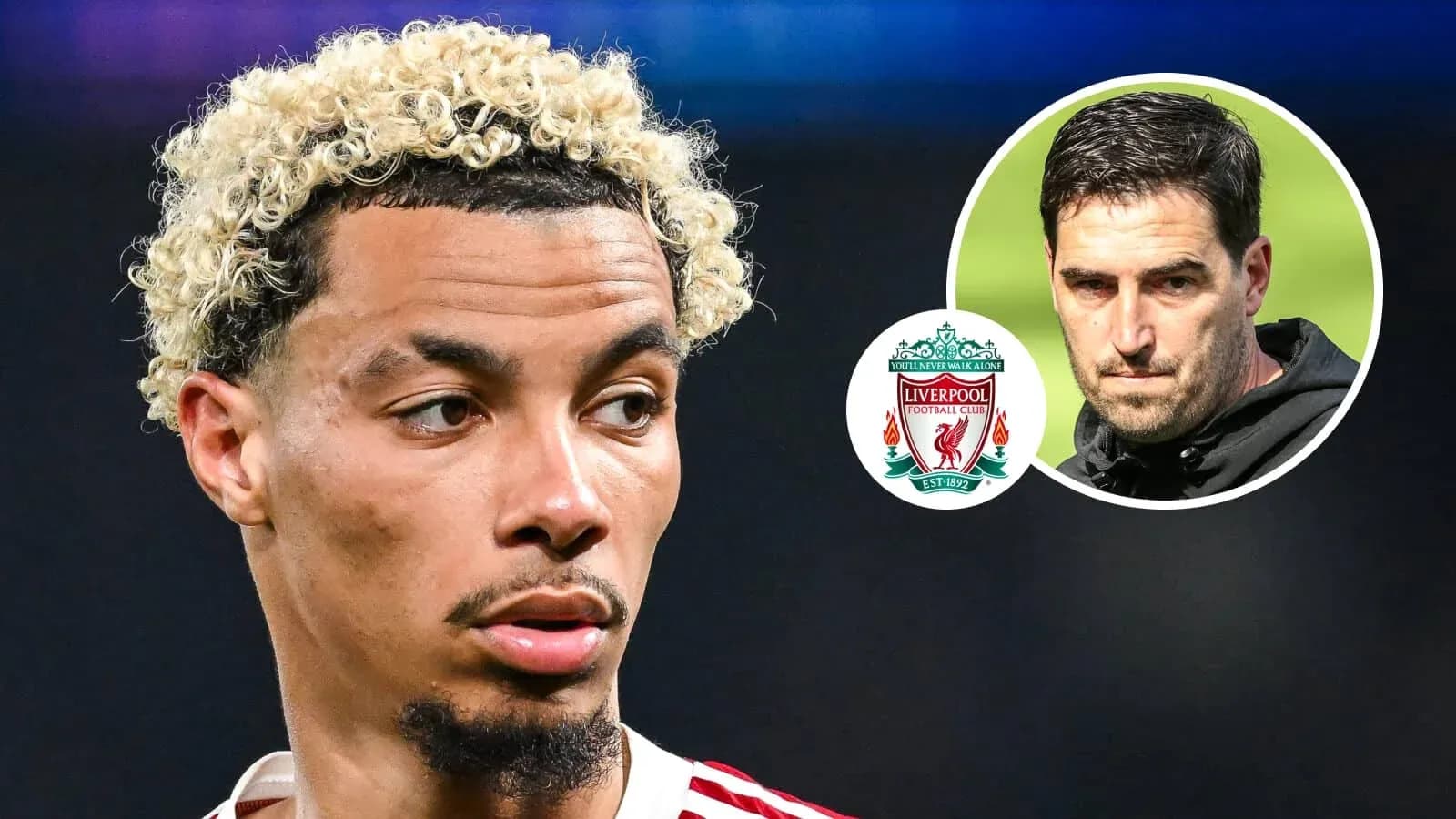 Player with curly hair and Liverpool logo overlay