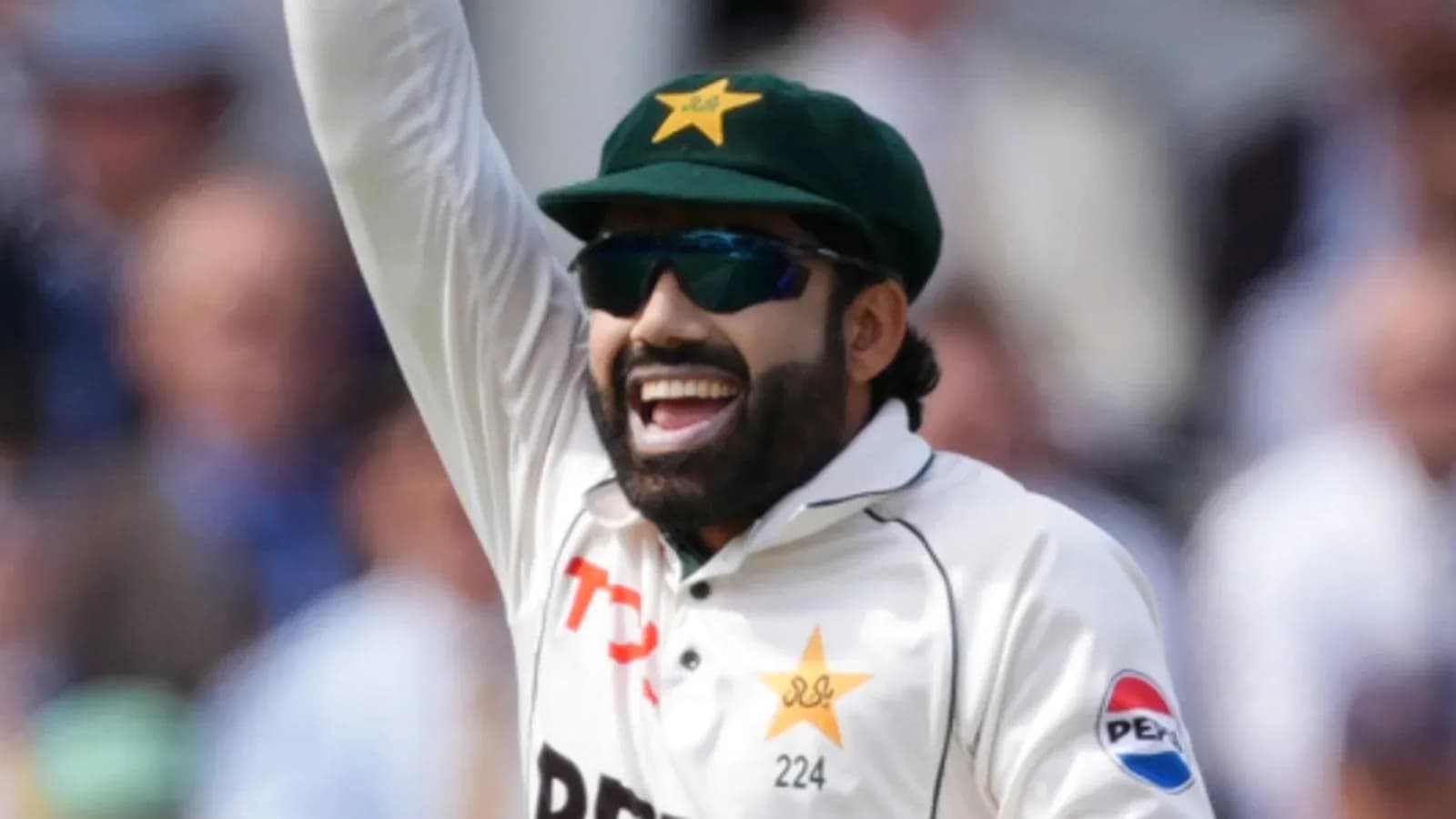 Cricketer celebrating with raised hand on field