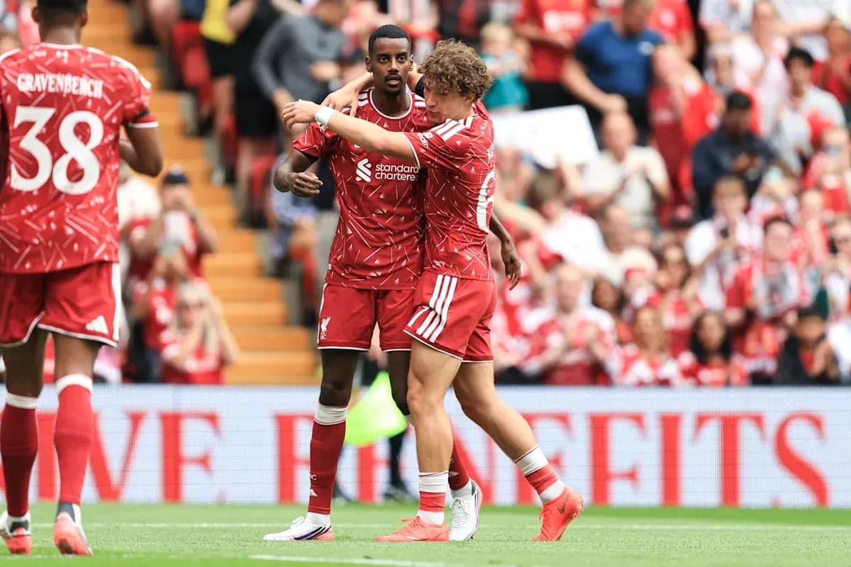 Two Liverpool players celebrating on the pitch