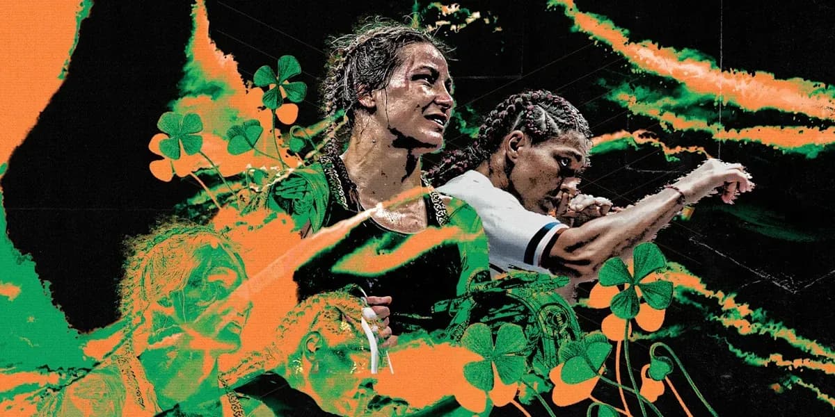 Two female athletes competing with vibrant background design