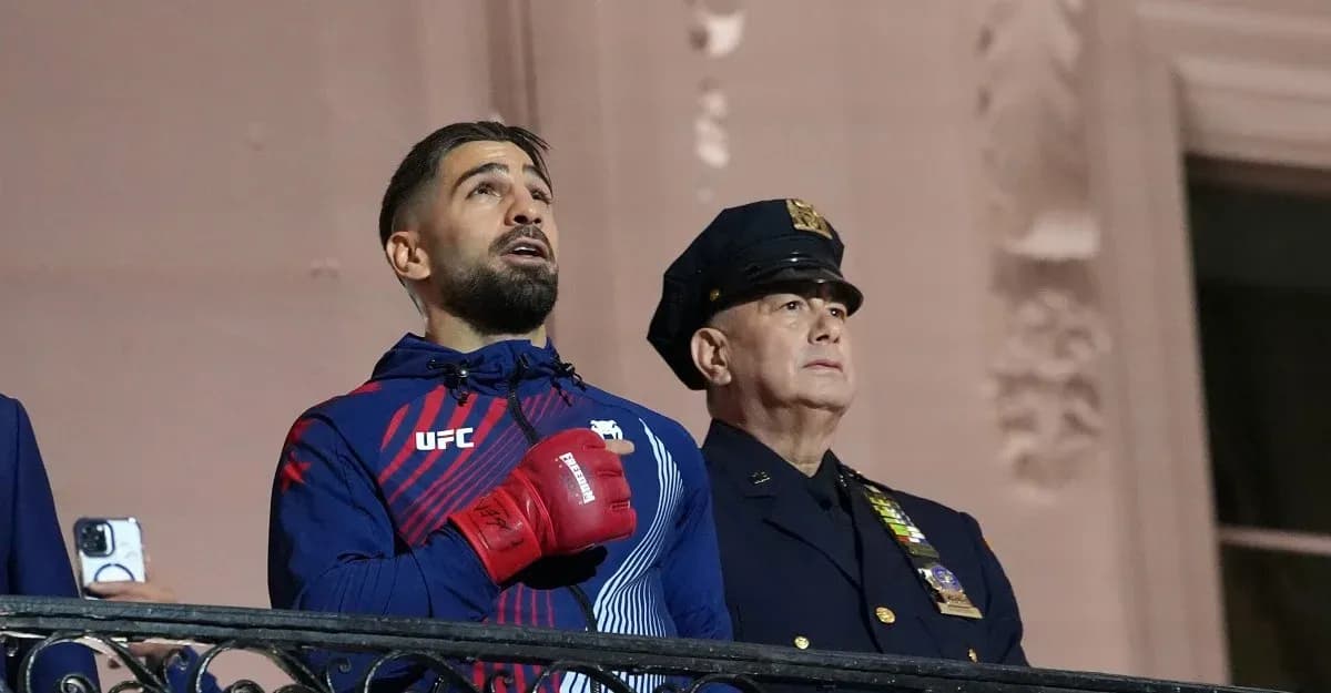 Fighter and police officer during national anthem ceremony
