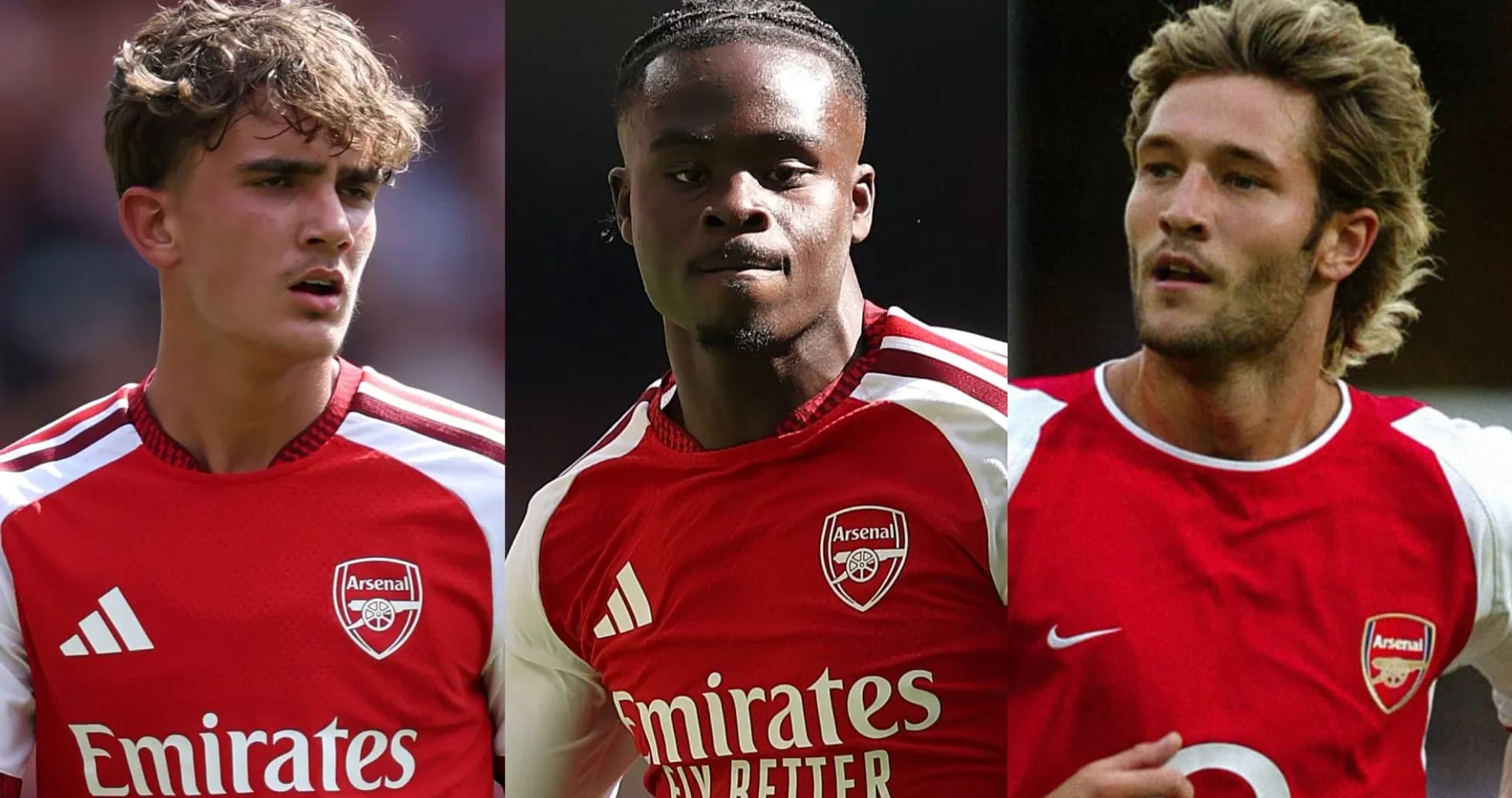 Three Arsenal players in red kits during match