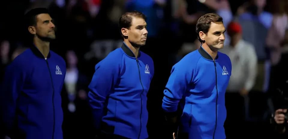 Novak Djokovic, Rafael Nadal, and Roger Federer standing together