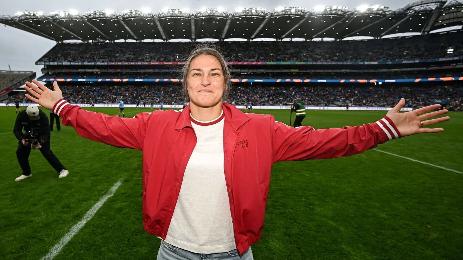 Player celebrating on the field at stadium