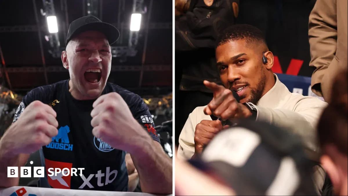 Tyson Fury celebrating and Anthony Joshua pointing at audience
