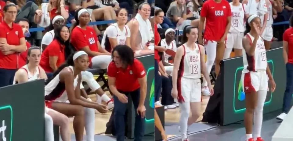 USA basketball team during a game timeout discussion