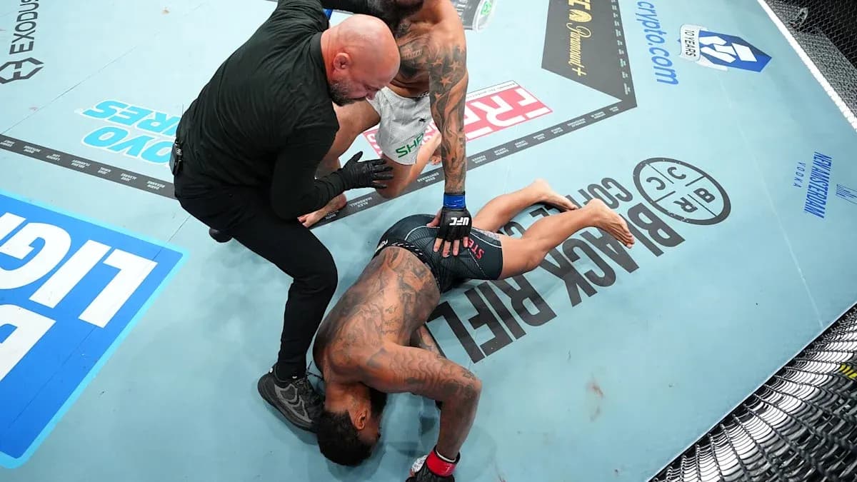 Referee checking on fallen fighter in octagon