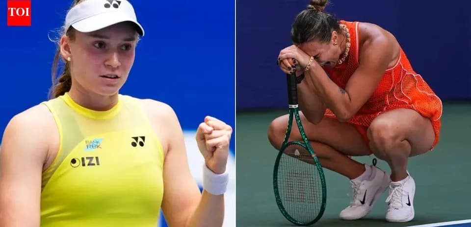 Two tennis players during a match; one celebrates, one reacts