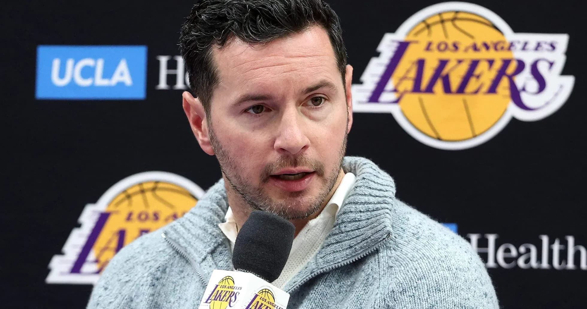Person speaking at Los Angeles Lakers press conference