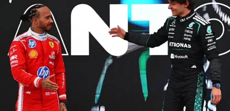 Lewis Hamilton and George Russell at podium celebration