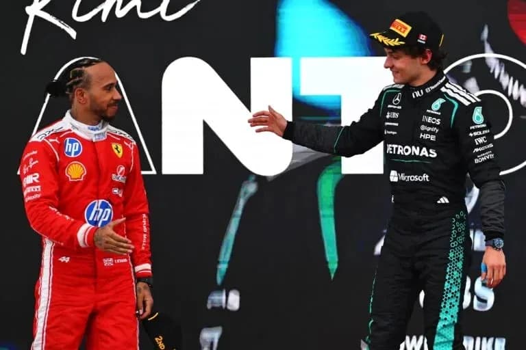 Lewis Hamilton and George Russell at podium celebration