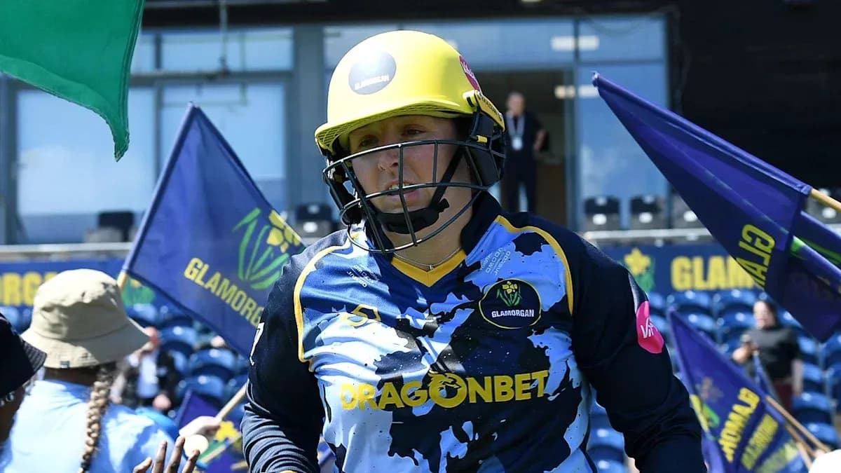 Player in Glamorgan kit entering the field with flags