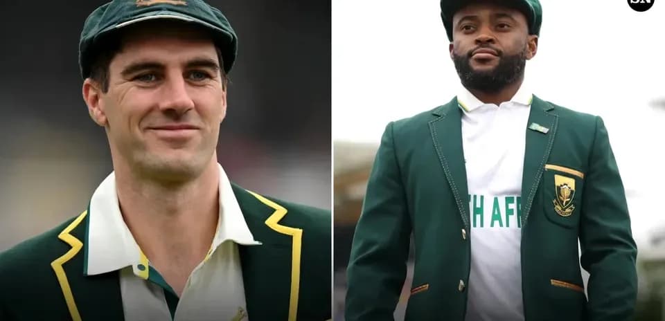 Australian and South African cricketers in team blazers