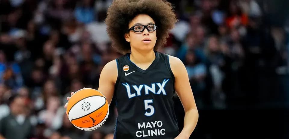Player dribbling basketball during game for Lynx