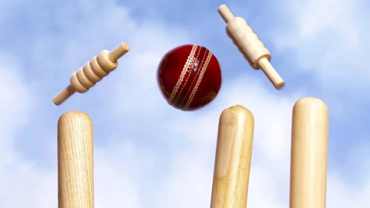Cricket ball hitting stumps with bails above