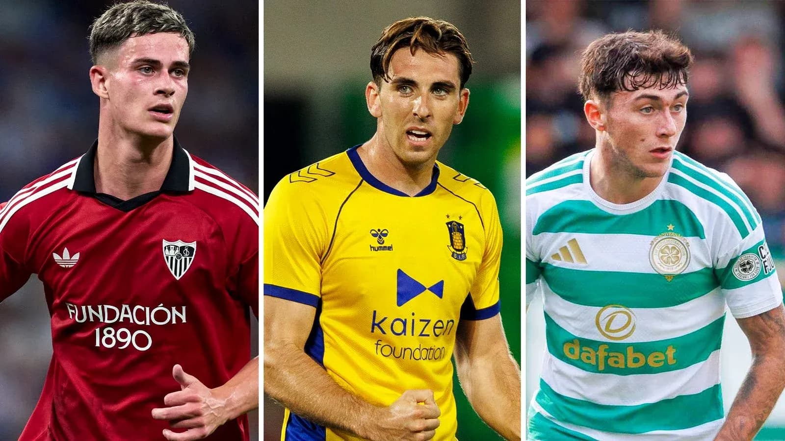 Three soccer players in different team jerseys