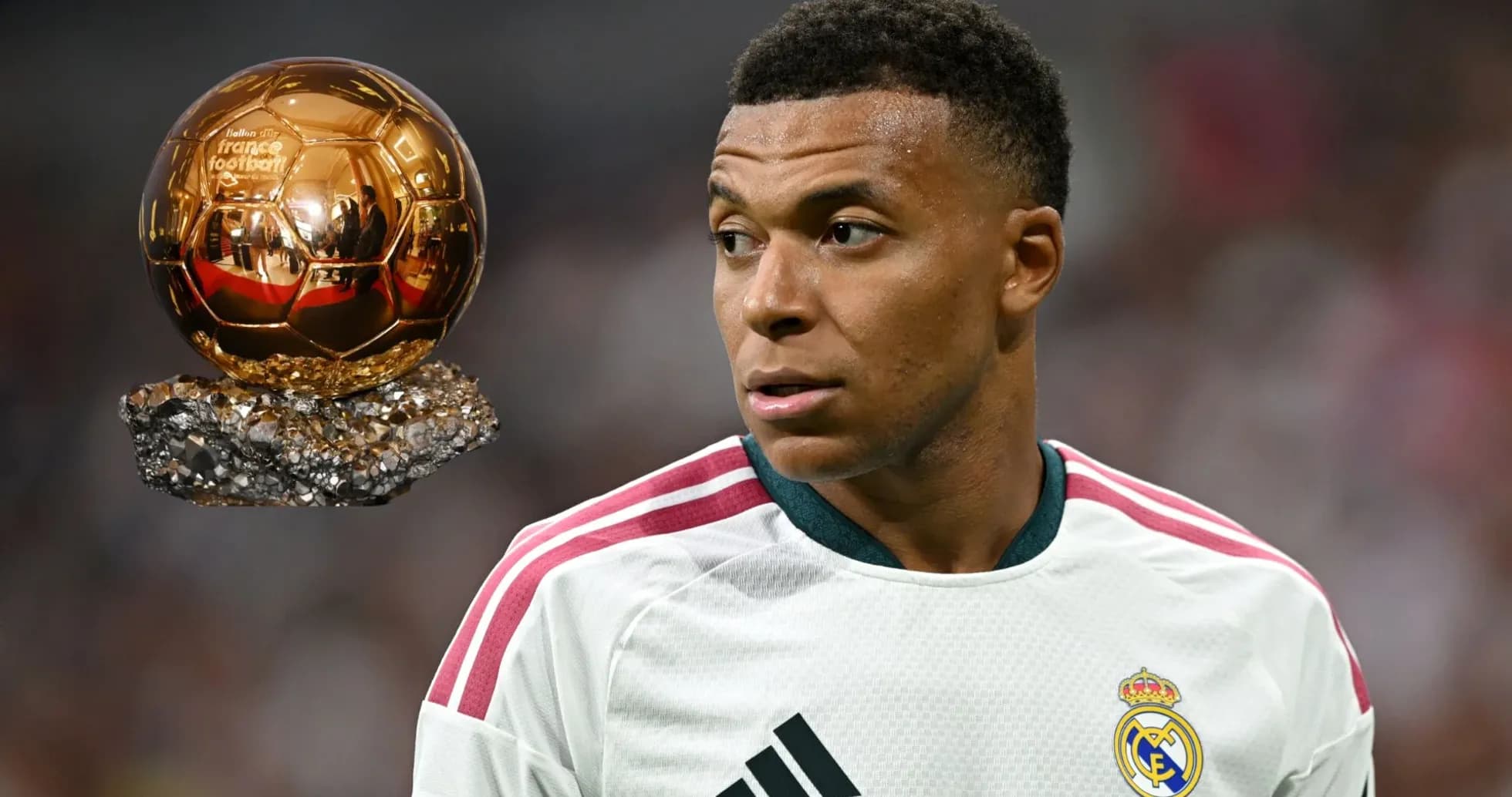 Player in Real Madrid kit near Ballon d'Or trophy