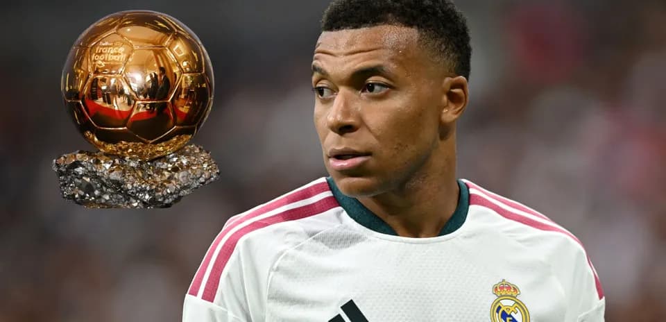Player in Real Madrid kit near Ballon d'Or trophy