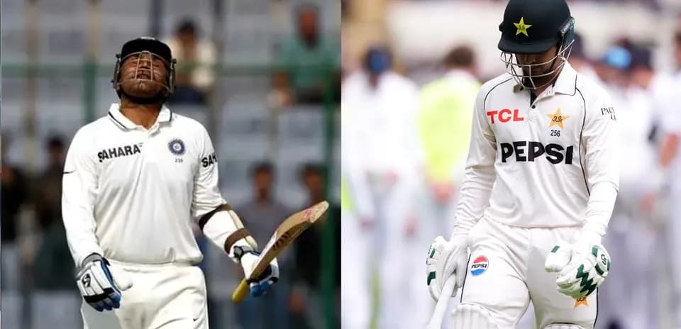 Two cricketers walking off the field after dismissals