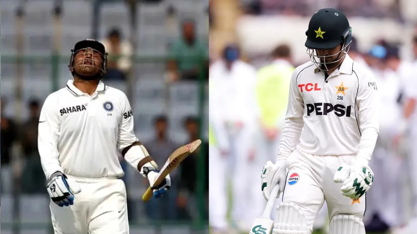 Two cricketers walking off the field after dismissals