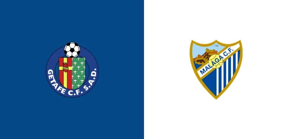 Logos of Getafe CF and Malaga CF on blue and white backgrounds
