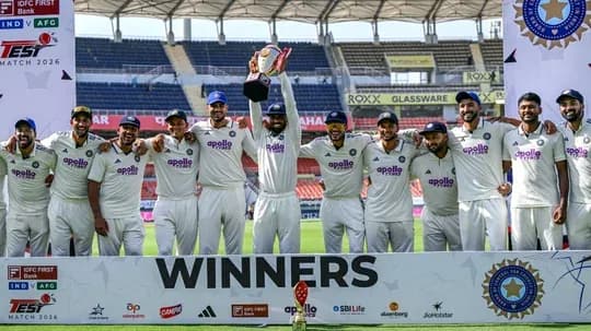 Indian cricket team celebrating Test match victory