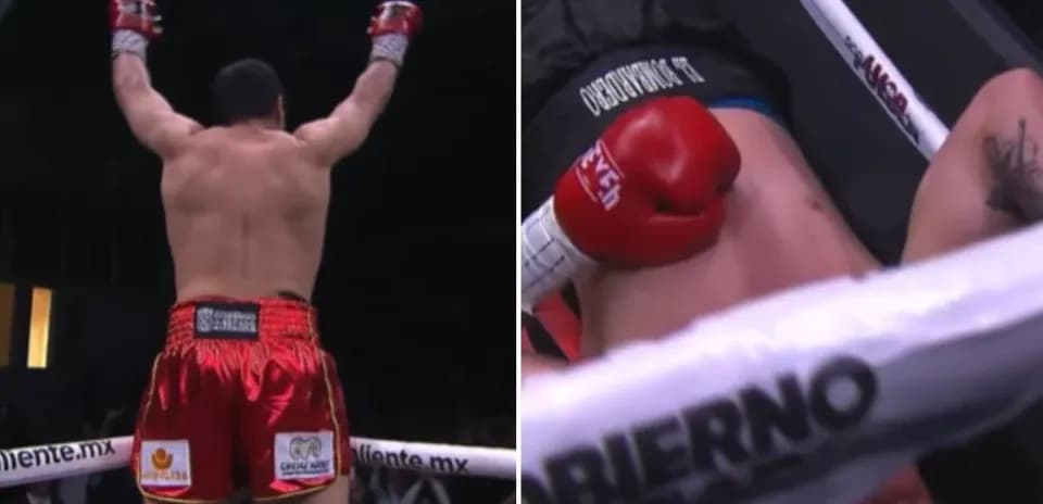 Boxer celebrating victory over opponent on canvas