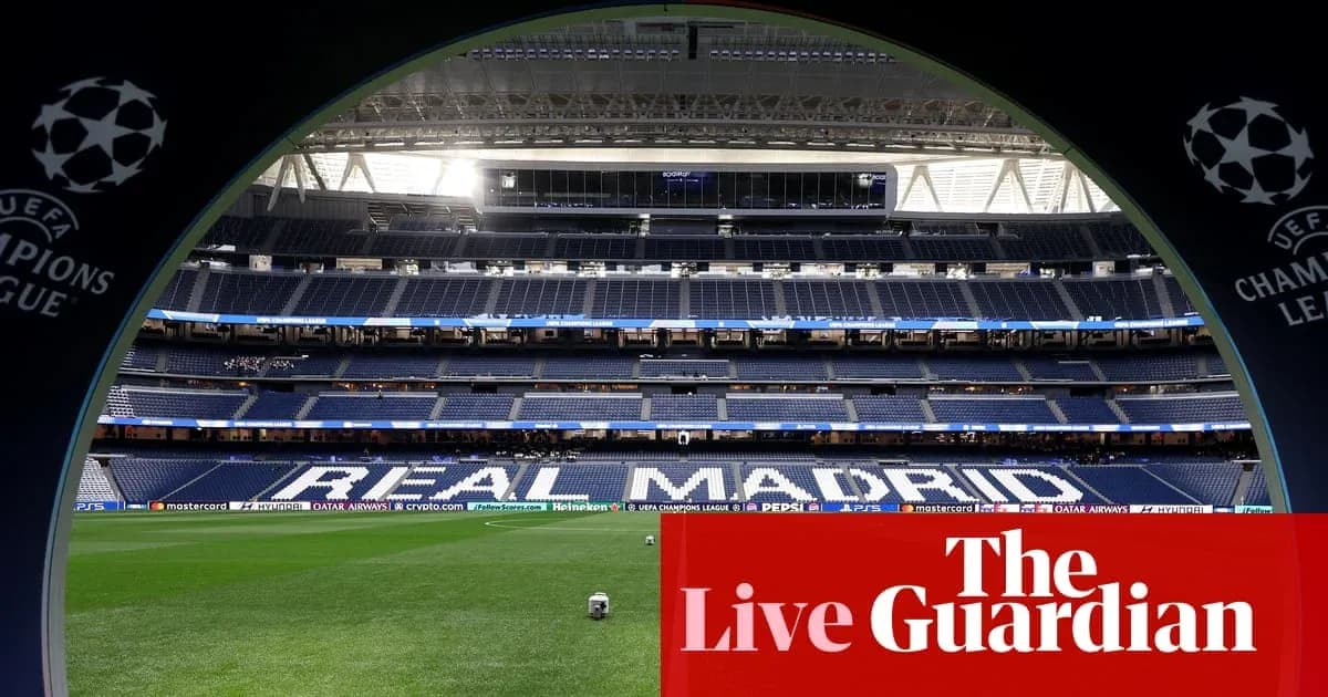 View of empty stadium with 'REAL MADRID' displayed