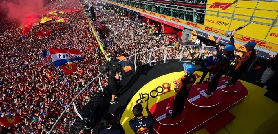 Podium celebration with fans at Formula 1 event