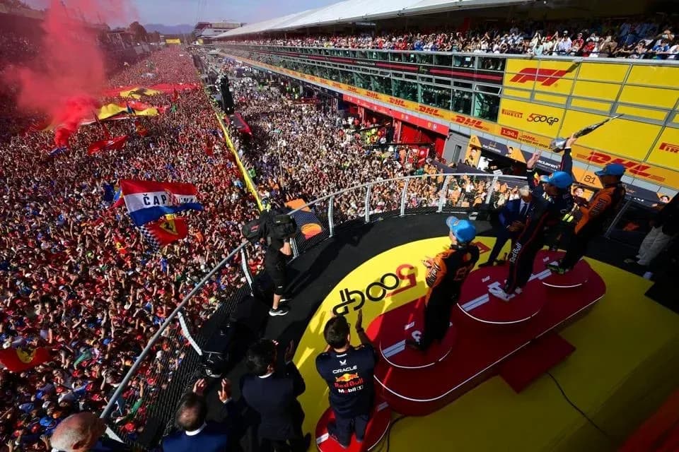Podium celebration with fans at Formula 1 event