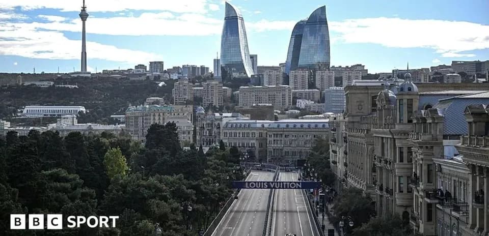 City skyline with Formula 1 car on track