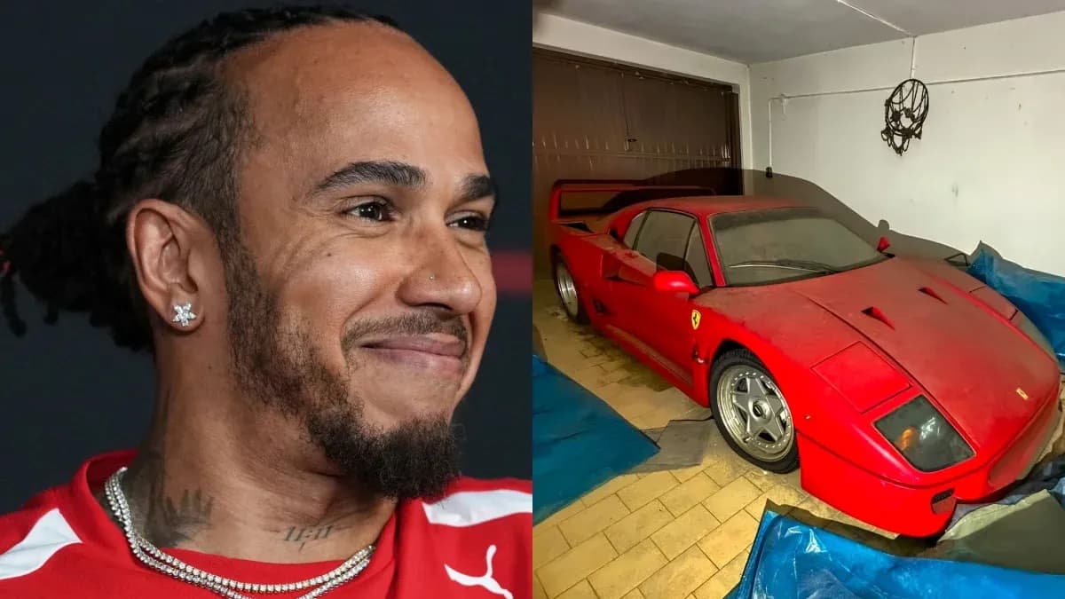 Lewis Hamilton smiling next to a dusty Ferrari F40