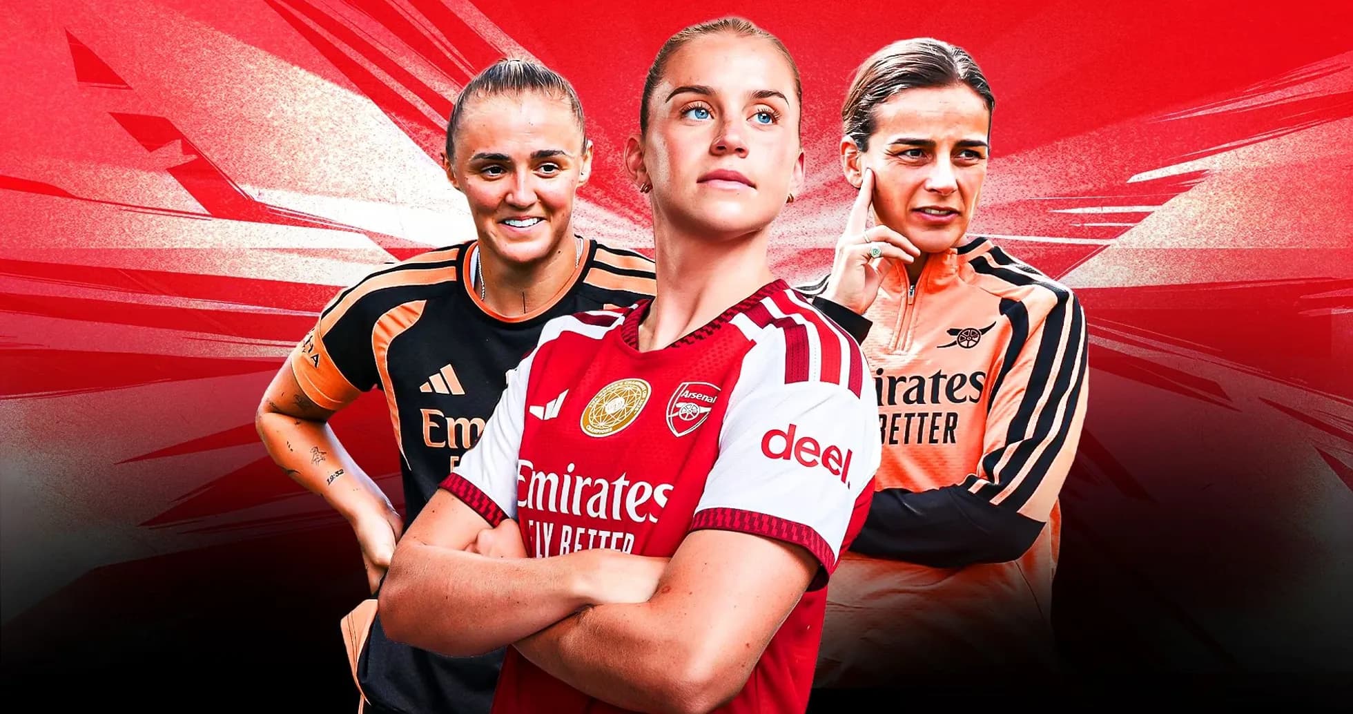 Three Arsenal players in team kits against red background
