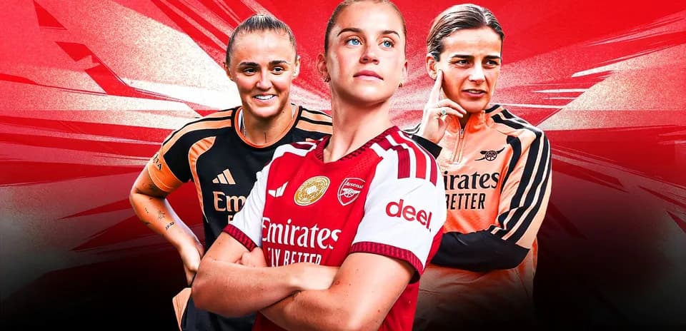 Three Arsenal players in team kits against red background