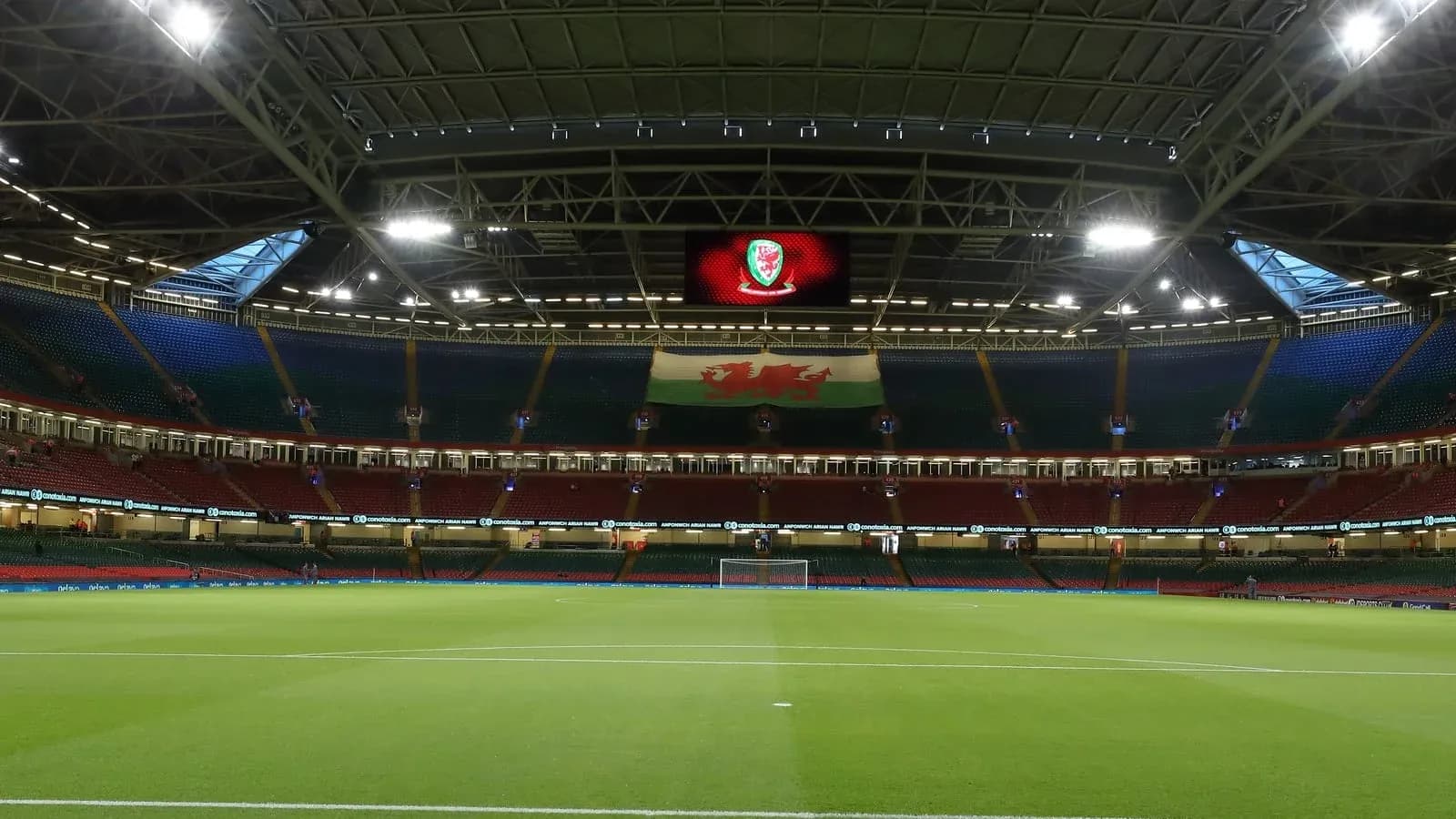 Interior view of stadium with Welsh flag displayed