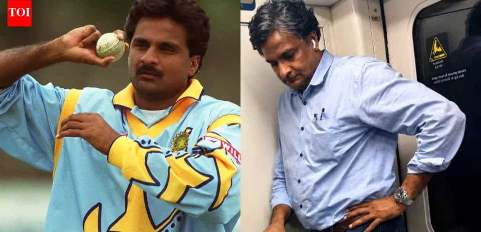 Cricketer bowling and man in subway train