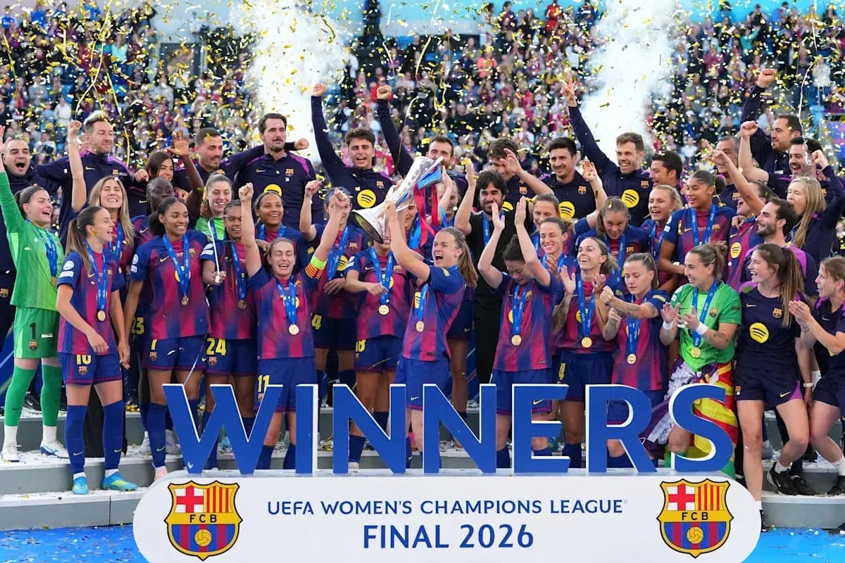 FC Barcelona women's team celebrating UEFA Champions League victory