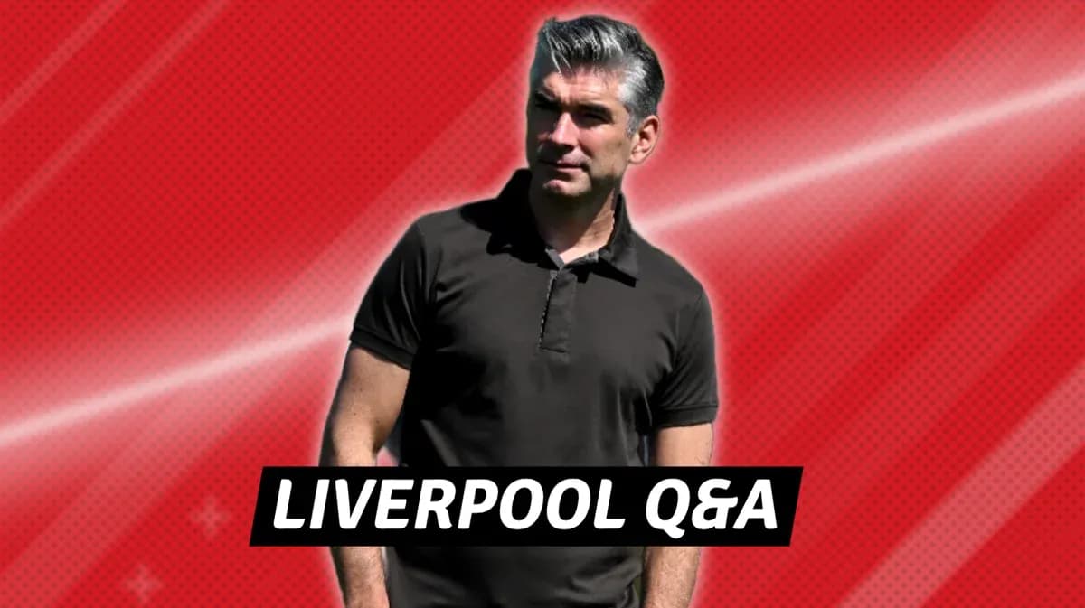 Person standing against a red background with text