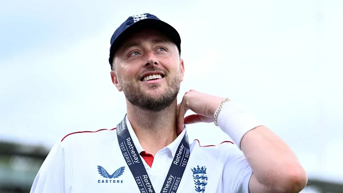 Cricketer celebrating with medal after match