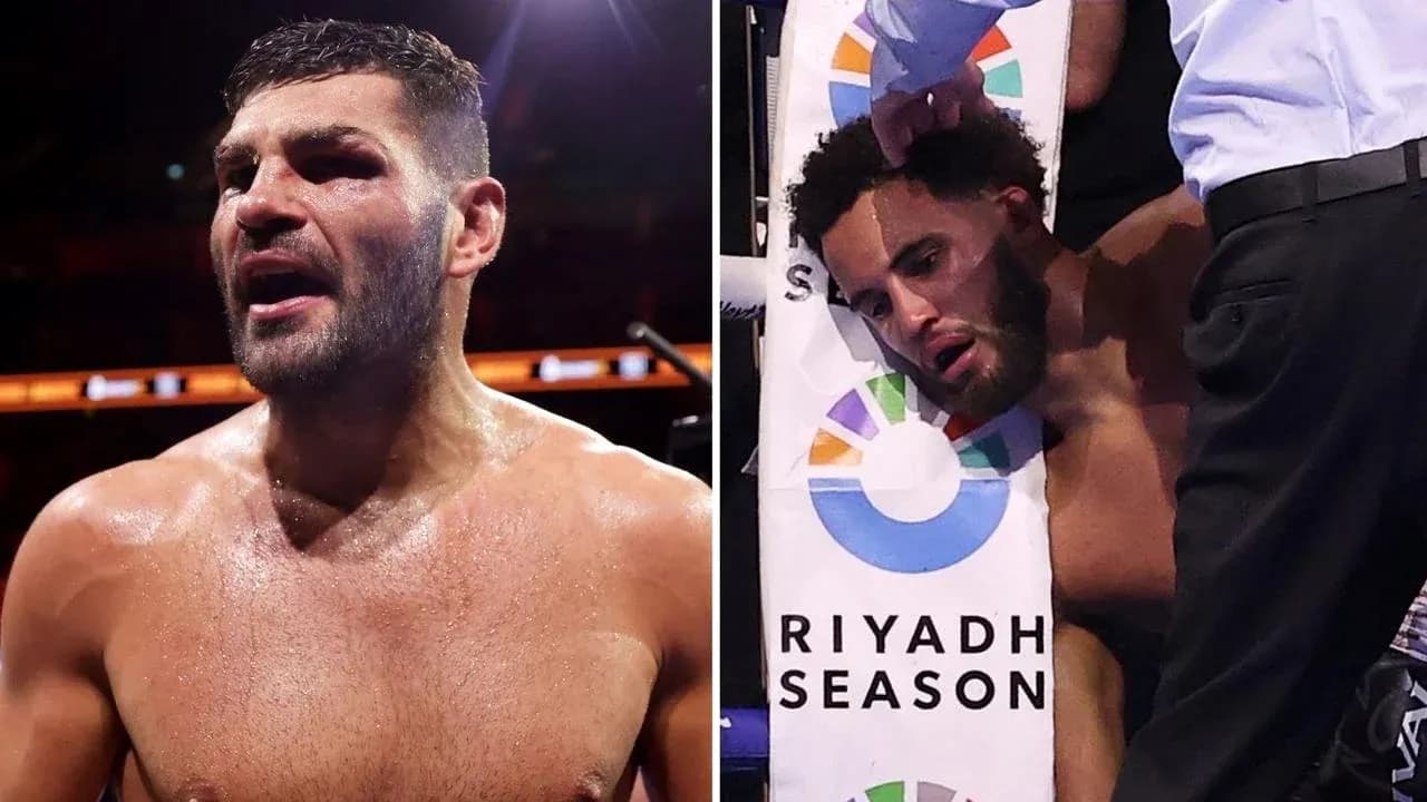 Boxer celebrating victory, opponent resting on corner