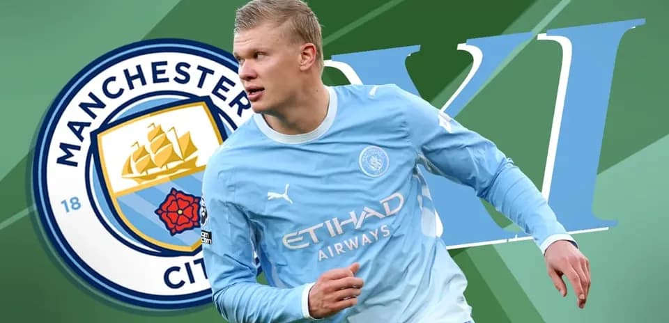 Player in Manchester City kit with club logo background