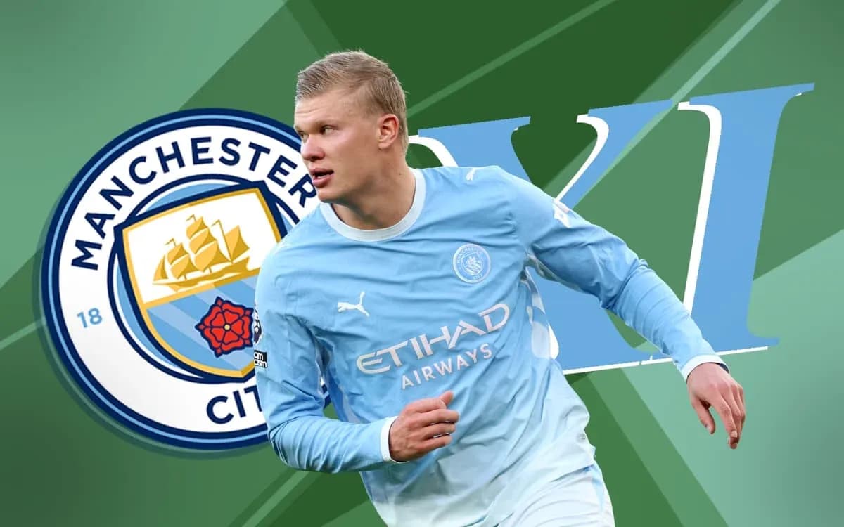 Player in Manchester City kit with club logo background